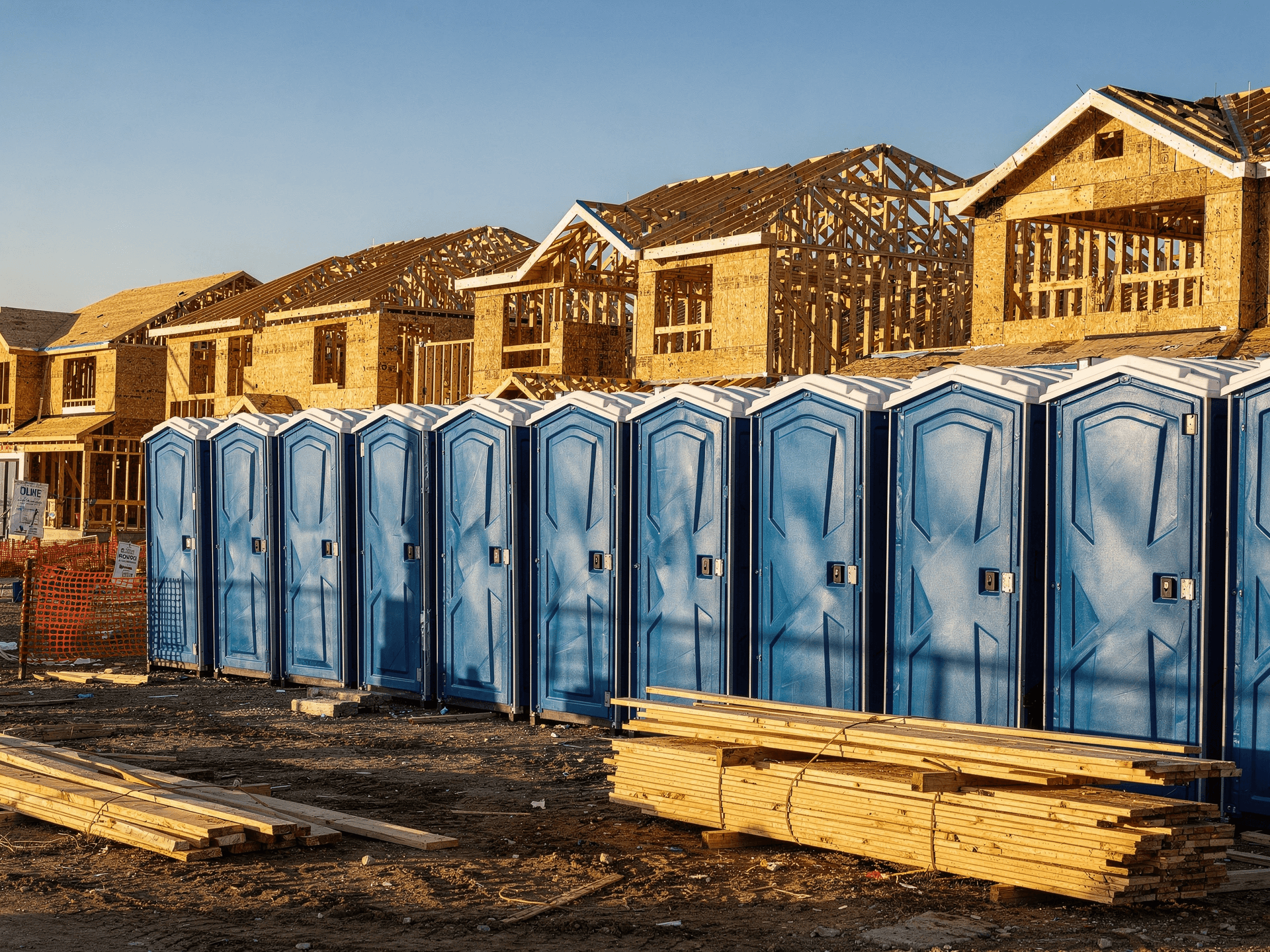 Blue portable toilets at a residential construction site